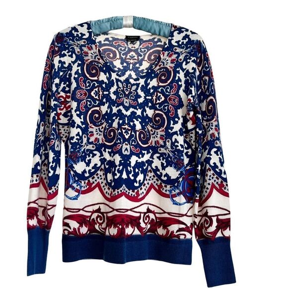 Talbots Merino Wool XS Paisley Damask Lightweight Long Sleeve Sweater Blue Red - Picture 1 of 6